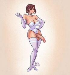 1futa 2d 2d_(artwork) artbymatches artist_name brown_hair choker cleavage digital_drawing_(artwork) digital_media_(artwork) futanari high_heels large_breasts light-skinned_futanari light_skin long_gloves original_character solo solo_futa thighhighs white_leotard white_long_gloves white_thighhighs