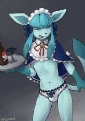 2024 absurd_res anthro anthro_only blue_body blue_fur blue_sclera blue_tail blush bottle bulge clothed clothing container eeveelution front_view fur generation_4_pokemon glaceon glass grey_background hi_res holding_tray looking_aside male male_only navel nintendo open_mouth panties partially_clothed pokemon pokemon_(species) sealer4258 sealer_(sealer4258) simple_background solo standing tail tea_party_style_glaceon tongue underwear white_eyes