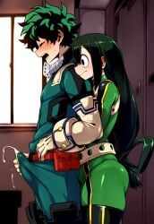 1boy 1girls ai_generated big_ass big_penis black_eyes boku_no_hero_academia breast_press bulge bulge_through_clothing closed_eyes cum cum_through_clothes cumshot ejaculation_under_clothes green_hair handjob hero_outfit_(mha) huge_breasts izuku_midoriya large_breasts light-skinned_female light-skinned_male light_skin long_hair my_hero_academia orgasm_face shounen_jump tsuyogari_ai tsuyu_asui