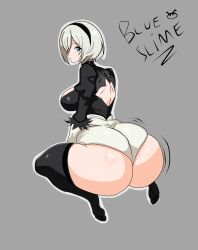1girls artist_signature ass big_ass big_breasts blue_eyes blueslime08 breasts chubby fat_ass female female_only grey_background hairband huge_ass light-skinned_female light_skin looking_back nier nier:_automata rear_view short_hair solo thick_thighs thighhighs white_hair yorha_2b