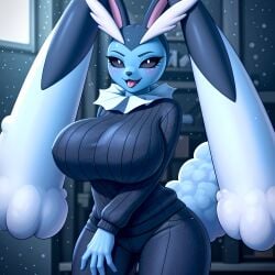 ai_generated anthro black_sclera blue_skin blue_sweater blush furry huge_breasts jeans looking_at_viewer lopunny pokefusion pokemon pokemon_(species) smile smiling snow stable_diffusion sweater tail tongue_out vaporeon vaporunny white_eyes white_fur