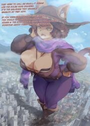 1girls ai_generated artist_request big_ass big_breasts boots brown_boots brown_eyes cat_ears cat_tail catgirl character_request city city_crushing city_destruction cityscape cleavage comic destruction english_text giantess hand_on_cheek hand_on_hip hat karnamas mocking niko_(oneshot) oneshot photoshop purple_hair purple_pants purple_scarf rampage self_upload sharp_teeth stomping tagme walking