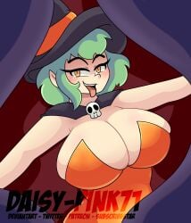 breasts green_hair halloween hikage_(senran_kagura) huge_breasts hyper_boobs leotard senran_kagura senran_kagura_(series) tongue_out witch