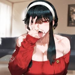 1girls ai_generated black_hair cleavage creamy_ai fellatio_gesture female female_only human large_breasts red_eyes red_sweater saliva solo spy_x_family sweater thiccwithaq_(ai_style) tongue_out upper_body yor_briar yor_forger