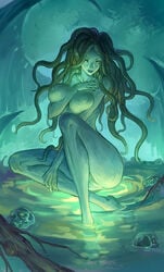 1girls artist_request berserk breasts color curvy demon demon_girl female female_only green_hair humanoid large_breasts long_hair nipples nude painting_(artwork) partially_submerged skull skulls slan solo tentacle_hair thick_thighs villainess voluptuous water white_skin wide_hips wings