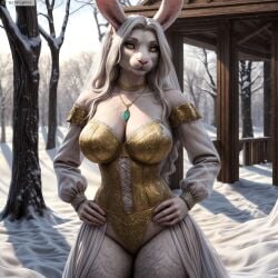 ai_generated animal_ears animal_nose anthro artist_name body_fur breasts bustier choker cleavage corset day detached_sleeves female female_anthro furry furry_female hands_on_hips hi_res high_resolution highres jewelry large_breasts leotard long_hair looking_at_viewer necklace outdoors photorealistic rabbit_ears realistic see-through solo stable_diffusion tree twitter twitter_username watermark white_hair yellow_eyes yiffyjiffy2 yiffyjiffy69