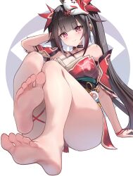 barefoot black_hair feet foot_focus long_hair red_eyes smile soles sparkle_(honkai:_star_rail) thighs toes twintails yuye