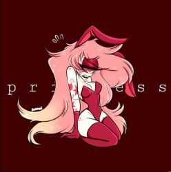 bunnysuit cherri_bomb_(hazbin_hotel) cyclops demon demon_girl dosukeii fluffy_hair hazbin_hotel long_hair looking_down on_knees one_eye pink_hair red_background simple_background vivziepop