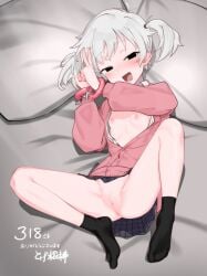 318-chan amaya_(amaya_umb) black_eyes black_socks bound bound_wrists cardigan censored commission cuffs female flat_chest full_body grey_hair handcuffs looking_at_viewer lying mosaic_censoring nipples open_mouth original pillow pink_cardigan pussy short_hair skeb_commission skirt smile smug socks spread_legs twintails unbuttoned v