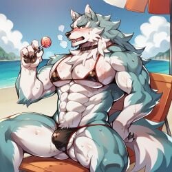 ai_generated barely_clothed beach bulge collar furry furry_male gay lollipop male male_in_bikini male_only micro_bikini muscular muscular_male shirou_ogami sinchilee solo tagme yaoi