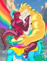 absurd_res anthro barazoku big_dom_small_sub buff bulge bulky clothing crocodile crocodilian crocodylid dominant dragon duo french_kissing gay glitch_productions graker gummigoo_(the_amazing_digital_circus) hi_res invalid_tag j450n2080 kissing lgbt_pride lgbt_pride_month male male/male muscular mythological_creature mythological_scalie mythology outside parade public reptile scalie size_difference the_amazing_digital_circus underwear