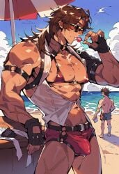 ai_generated barely_clothed beach belts brown_hair bulge gallagher_(honkai:_star_rail) gay gloves lollipop long_hair male male_focus male_in_bikini male_only micro_bikini muscular muscular_male sinchilee solo tagme yaoi