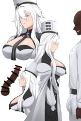 1boy 1girls aceofspade azur_lane bar_censor blue_eyes breasts censored commander_(azur_lane) dark-skinned_male dark_skin hat huge_breasts huge_cock light-skinned_female light_skin mosaic_censoring northern_parliament_(azur_lane) penis simple_background sovetsky_soyuz_(azur_lane) white_background white_hair