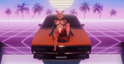 big_breasts car doomfella female five_nights_at_freddy's fnaf foxy_(fnaf) foxy_(rubikon) genderbent glowing_eyes high_heels looking_at_viewer on_back on_car red_body rubikon_(artist) rule_63 scottgames seductive sitting_on_car synthwave tagme wallpaper