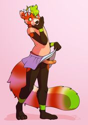 2015 anthro balls blush claws clothing crossdressing erection girly green_eyes green_hair hair humanoid_penis male mammal nowandlater penis presenting red_panda ribbons shirt shy skirt