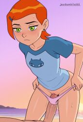 ai_generated ben_10 ben_10_(classic) ben_10_alien_force ben_10_ultimate_alien bottomless breasts cartoon_network embarrassed female gwen_tennyson gwen_tennyson_(alien_force) gwen_tennyson_(classic) gwen_tennyson_(ultimate_alien) jeanbombila666 peeing pussy pussy_juice