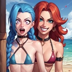 2girls ai_generated aqua_eyes beach bikini female female_only jinx_(league_of_legends) league_of_legends macorony miss_fortune multiple_girls riot_games sarah_fortune seaside smile surprised