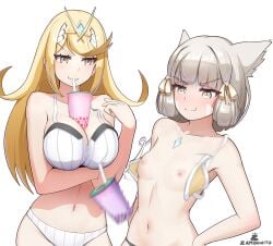 2girls :3 absurdres animal_ears between_breasts bikini blonde_hair blush breasts bubble_tea bubble_tea_challenge bubble_tea_challenge_failure cat_ears chest_jewel cleavage core_crystal cup disposable_cup drinking drinking_straw drinking_straw_in_mouth facial_mark grey_eyes grey_hair highres large_breasts motion_blur multiple_girls mythra nia nia_(xenoblade) nipples object_on_breast open_bikini open_clothes small_breasts smug split_mouth swimsuit undone_bikini wardrobe_malfunction xenoblade_(series) xenoblade_chronicles_2 zambonito