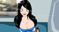 animated artjimx black_hair blue_eyes bouncing_breasts breasts cleavage eyeshadow female hair_ornament hair_ribbon hannah_minx large_breasts long_hair ribbon solo train