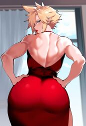 1boy ai_generated ass black_earrings blue_eyes cloud_strife crossdressing earrings femboy final_fantasy_vii huge_ass looking_at_viewer looking_back male_focus male_only nail_polish open_back_dress red_dress red_lipstick red_nails