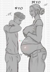 1boy 1girls age_difference belly big_belly big_breasts breasts breddzz bulge erection erection_under_clothes female height_difference male mature_female milf mother nipple_bulge pregnant pregnant_older_female