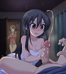 2girls black_hair blush brown_eyes cum cumshot female handjob long_hair multiple_girls panties shakugan_no_shana shana