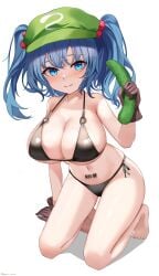 absurdres bikini blue_eyes blue_hair breasts cleavage dobostorte female full_body hat highres kawashiro_nitori kneeling shadow simple_background solo swimsuit touhou two_side_up white_background