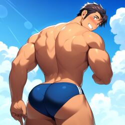 1boy ai ai_generated big_ass big_ass_(male) big_butt bubble_butt looking_at_viewer looking_back looking_back_at_viewer male male_only muushya solo solo_male speedo