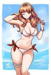 1girls ;) alternate_costume bikini blush breasts celica_(fire_emblem) cleavage cowboy_shot earrings female female female_only fire_emblem fire_emblem_echoes:_shadows_of_valentia hairband highres jewelry large_breasts long_hair looking_at_viewer nintendo one_eye_closed orange_eyes orange_hair rotomdocs side-tie_bikini_bottom sideboob signature simple_background smile solo swimsuit thigh_strap twitter_username white_bikini white_hairband white_swimsuit