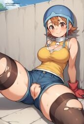 ai_generated artcalypse digimon easy_access exhibitionism happy helmet large_breasts presenting presenting_pussy smile solo solo_female sora_takenouchi spread_legs tank_top torn_clothes torn_pantyhose vagina