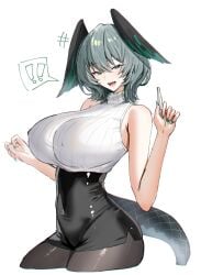 !! 1girls arknights belly_button belly_button_visible_through_clothing fangs female female_focus female_only green_eyes green_fingernails green_nail_polish green_nails grey_hair hands_up ho'olheyak_(arknights) holding_object horn/wood huge_breasts kemono kemonomimi light-skinned_female light_skin long_fingernails long_nails looking_at_viewer nail_file narrowed_eyes navel navel_visible_through_clothes nipple_bulge nipples nipples_visible_through_clothing office_clothing office_lady open_mouth pantyhose pencil_skirt short_hair short_skirt side_slit sleeveless sleeveless_shirt smile smiling smiling_at_viewer snake snake_tail speech_bubble spoken_exclamation_mark teeth text_bubble thick_ass thick_thighs thighs tight_clothes tight_clothing tongue wings wings_on_head wolf_cut