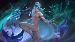 barefoot bibivn3 blue_hair edit long_hair male_only mlbb mobile_legends mobile_legends:_bang_bang naked naked_male nipples pecs suyou_(mlbb)