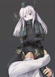 1boy :c ? admiral_(kantai_collection) between_legs black_dress black_legwear cameltoe cowboy_shot cropped_jacket dress dress_lift facesitting female garrison_cap grey_background grey_eyes hat kantai_collection kirishima_satoshi long_hair long_sleeves microskirt military military_uniform pleated_skirt sexually_suggestive silver_hair simple_background sitting sitting_on_person skirt spoken_question_mark tagme u-511_(kantai_collection) uniform