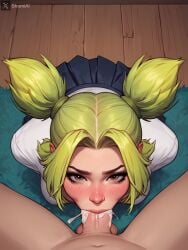 1boy 1girls ai_generated blowjob blush carpet cum cum_in_mouth deepthroat fellatio female from_above green_hair league_of_legends league_of_legends:_wild_rift light-skinned_female light-skinned_male light_skin male nose_blush on_floor oral oral_sex penis riot_games school_uniform shomiai stable_diffusion twintails twintails_(hairstyle) wooden_floor zeri_(league_of_legends)