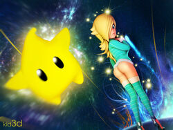 ass back_view beige_skin blonde_hair clothes diagonal_angle dutch_angle female feral flying hair high_heels human jpeg kid3d luma mario_(series) nintendo princess_rosalina standing stockings super_mario_galaxy thong yellow_skin