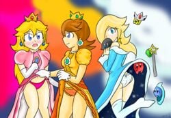 beige_skin clothes dress female feral flying human interspecies luma mario_(series) multiple_females nintendo on_one_foot panties polari princess_daisy princess_peach princess_rosalina size_difference skirt_lift standing super_mario_bros. xero-j