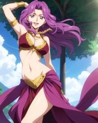 1girls ai_generated belly_button belly_dancer belly_dancer_outfit code_geass cornelia_li_britannia curvy_female curvy_figure dancing earrings harem_outfit jewelry kiwi large_breasts light-skinned_female light_skin lipstick looking_at_viewer mature_female midriff navel necklace ornament purple_hair short_hair smile