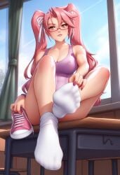 1girls ai_generated ankle_socks anklehighs big_boobs big_breasts boobs breasts classroom cleavage collarbone converse feet feet_focus female female_only fit fit_female foot_fetish foot_focus foot_play footwear glasses highschool_of_the_dead holding_object holding_shoe long_hair long_twintails nail_polish nipples_visible_through_clothing perfect_body pink_hair pink_shoes pink_t-shirt presenting presenting_feet removing_clothing removing_shoes saya_takagi school_desk schoolgirl seductive_look shoes_removed sitting sitting_on_desk smug smug_face sneakers sock_fetish socks soles solo solo_focus t-shirt teasing teasing_viewer tight_clothing tight_fit twintails white_socks window yellow_eyes