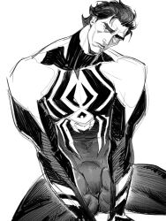 1boy bulge flaccid fully_clothed hispanic kbmon latino male_only marvel masculine miguel_o'hara monochrome solo solo_focus solo_male spider-man:_across_the_spider-verse spider-man_2099