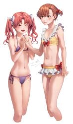 2020s 2021 2girls :3 alternate_hairstyle artist_name bare_legs bare_shoulders bikini blush bow bow_bikini breasts brown_eyes brown_hair cleft_of_venus closed_eyes collarbone cropped_legs embarrassed female flat_chest flower frilled_bikini frills hair_flower hair_ornament hairbow happy height_difference hi_res hips holding_hands long_hair matching_hair/eyes midriff misaka_mikoto multiple_girls navel nyamunyamu open_mouth open_smile parted_lips plaid_bikini plaid_clothes purple_bikini red_bow shirai_kuroko short_hair short_twintails side-tie_bikini side-tie_bikini_bottom signature simple_background small_breasts smile standing stomach swimsuit teenage_girl teenage_girls teenager teenagers to_aru_kagaku_no_railgun to_aru_majutsu_no_index twintails white_background white_bow yellow_bikini young young_female