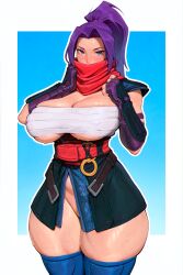 1girls ai_generated bandage belt blue_eyes blush cleavage gloves large_breasts marvel marvel_rivals no_panties open_skirt psylocke psylocke_(marvel_rivals) purple_hair sarashi scarf skirt solo sweat thick_thighs thighhighs thighs underboob voluptuous voluptuous_female yoaebi