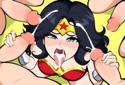 1girls 4boys after_fellatio after_oral ai_generated amazon amazonian big_penis cum cum_in_mouth dc dc_comics female from_above group group_sex high-angle_view huge_cock mullon multiple_boys novelai penis superheroine surrounded surrounded_by_penises tongue tongue_out wonder_woman wonder_woman_(series)