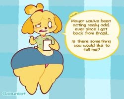 1girls abunbot alternate_version_available animal_crossing anthro ass bbl big_breasts body_modification brazilian_butt_lift breasts canine clipboard english_text exposed_midriff female isabelle_(animal_crossing) massive_ass nintendo offscreen_character pencil shih_tzu text thick_thighs tight_clothes visible_underwear wide_hips