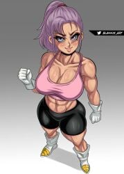 1girls abs athletic_female belly_button big_breasts black_latex_shorts blannis_art blue_eyes bra_(dragon_ball) bra_briefs dragon_ball dragon_ball_multiverse dragon_ball_z fit_female gloves latex latex_p latex_pants looking_at_viewer muscular_arms muscular_female muscular_legs navel ponytail purple_hair six_pack son_bra sports_bra sports_shorts tomboy