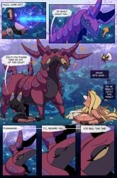 1boy 1girls andre_(cuchuflin) comic comic_page cuchuflin dark-skinned_male dark_skin dialogue female femboy kankaku_shadan male pokémon_(species) pokemon ribombee romi_(cuchuflin) scolipede tagme tentacle_pit