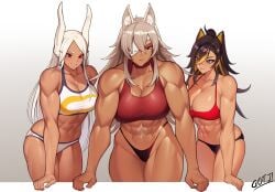 3girls abs animal_ears ass big_ass big_breasts black_hair blue_eyes breasts brown_eyes dark-skinned_female dehya_(genshin_impact) female female_only genshin_impact ghislaine_dedoldia gojich1 grey_background grey_hair hazel_eyes miruko multiple_girls muscular muscular_female mushoku_tensei my_hero_academia piper_perri_surrounded solo solo_female sports_bra thick thick_ass thick_thighs thighs tomboy voluptuous voluptuous_female white_hair wide_hips