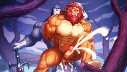 2boys anal anal_sex animal_genitalia animal_penis balls bara barazoku boner cum cum_in_ass erection gay hands_behind_head king_claudus male male_only muscles muscular muscular_male nude orgasm overly_muscular panthro penis scars sex spread_legs stomach_bulge sweat sweating thundercats thundercats_2011 zelo-lee