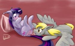 2015 archonix blonde_hair blush cunnilingus cutie_mark derp derpy_hooves duo equine female feral friendship_is_magic fur grey_fur hair hooves horn legs_up mammal my_little_pony open_mouth oral pegasus pillow purple_eyes purple_hair pussy pussy_juice sex tongue twilight_sparkle_(mlp) unicorn vaginal_penetration wings yellow_eyes yuri