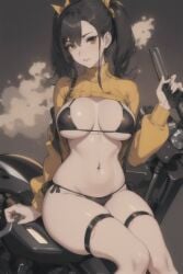 aged_up ai_generated big_breasts bikini blackpantieslowered cassidy_(fnaf) five_nights_at_freddy's fnafcassidy ghost_girl hips motorcycle navel navel_piercing pigtails superbike sweaterlifted thick_ass