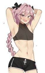 1boy armpit armpit_fetish armpits astolfo_(fate) belly braid braided_hair cute fate_(series) femboy french_braid midriff nabibutter sports_bra sportswear tagme tummy twink